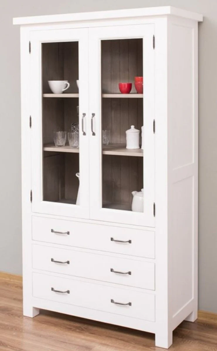 Landhausstil Küchenschrank Weiß / Grau 100 x 50 x H. 180 cm - Massivholz Vitrinenschrank mit 2 Glastüren und 3 Schubladen - Landhausstil Küchen Möbel