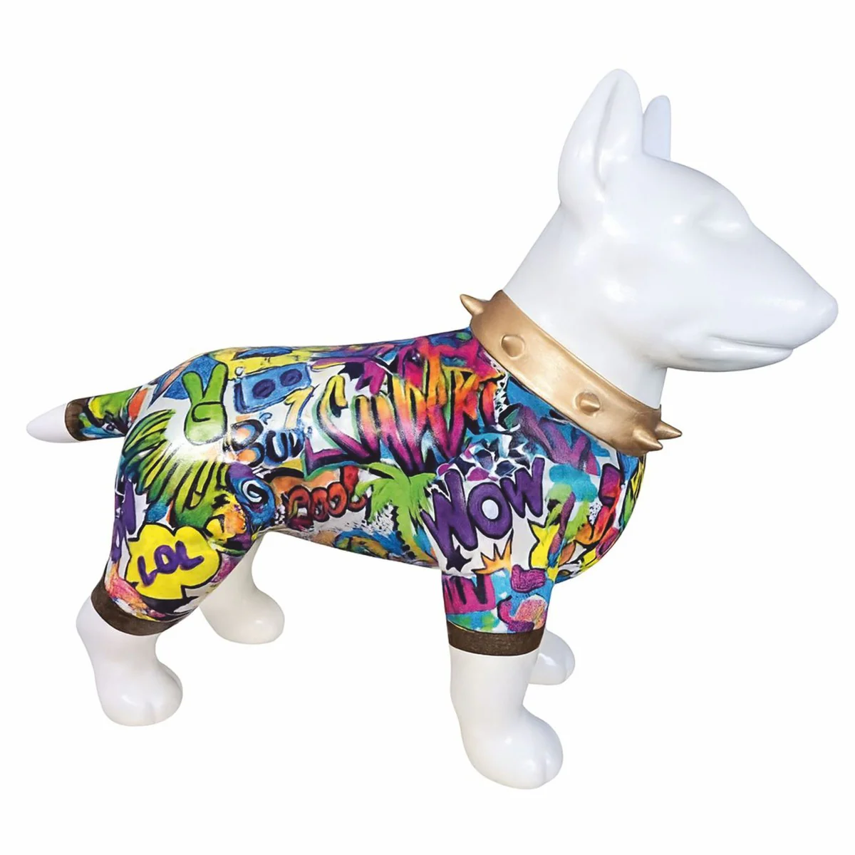 Deko Figur Hund Bullterrier Weiß / Bunt / Gold H. 59 cm