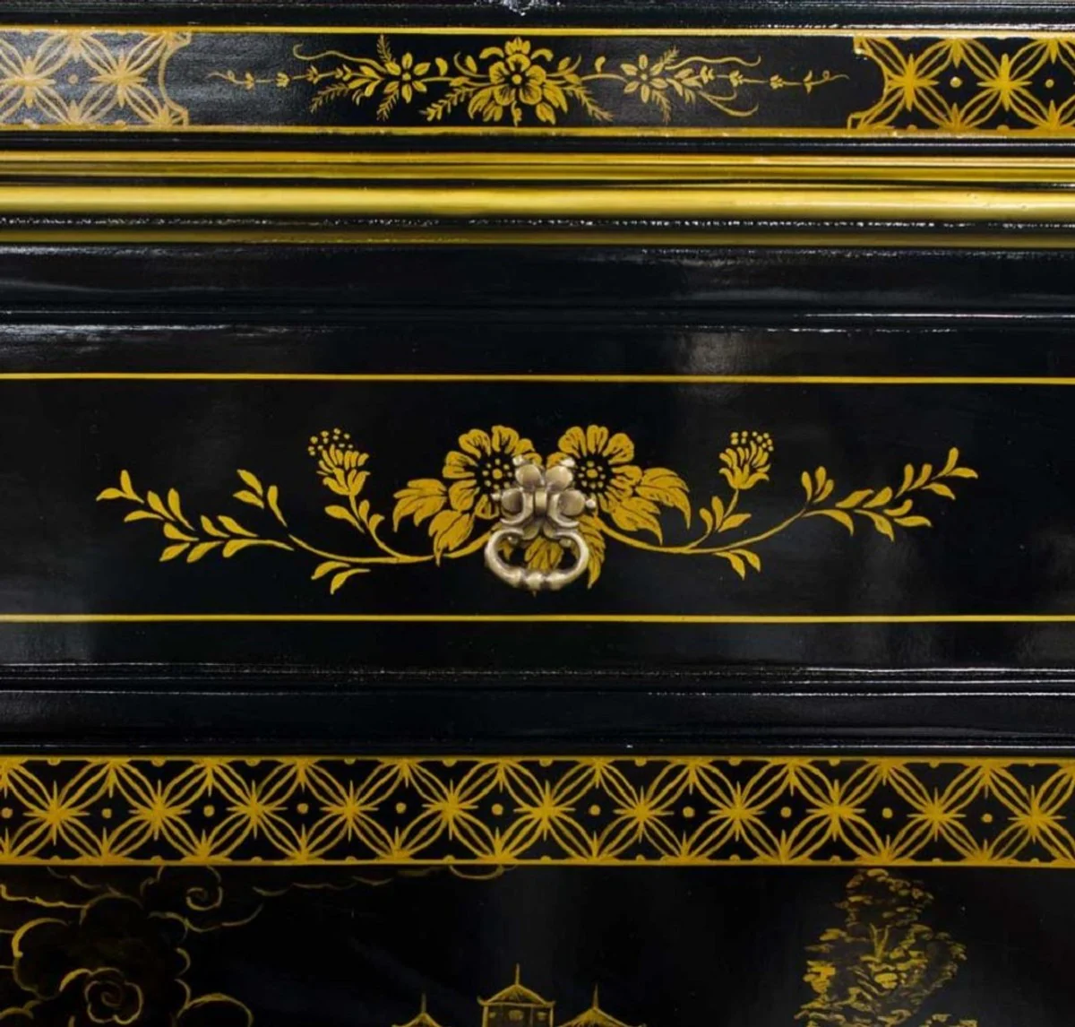 Luxus Barock Vitrine im chinesischen Stil Schwarz / Gold - Handgefertigter Barock Vitrinenschrank mit 4 Türen und 3 Schubladen - Barock Möbel - Edel & Prunkvoll