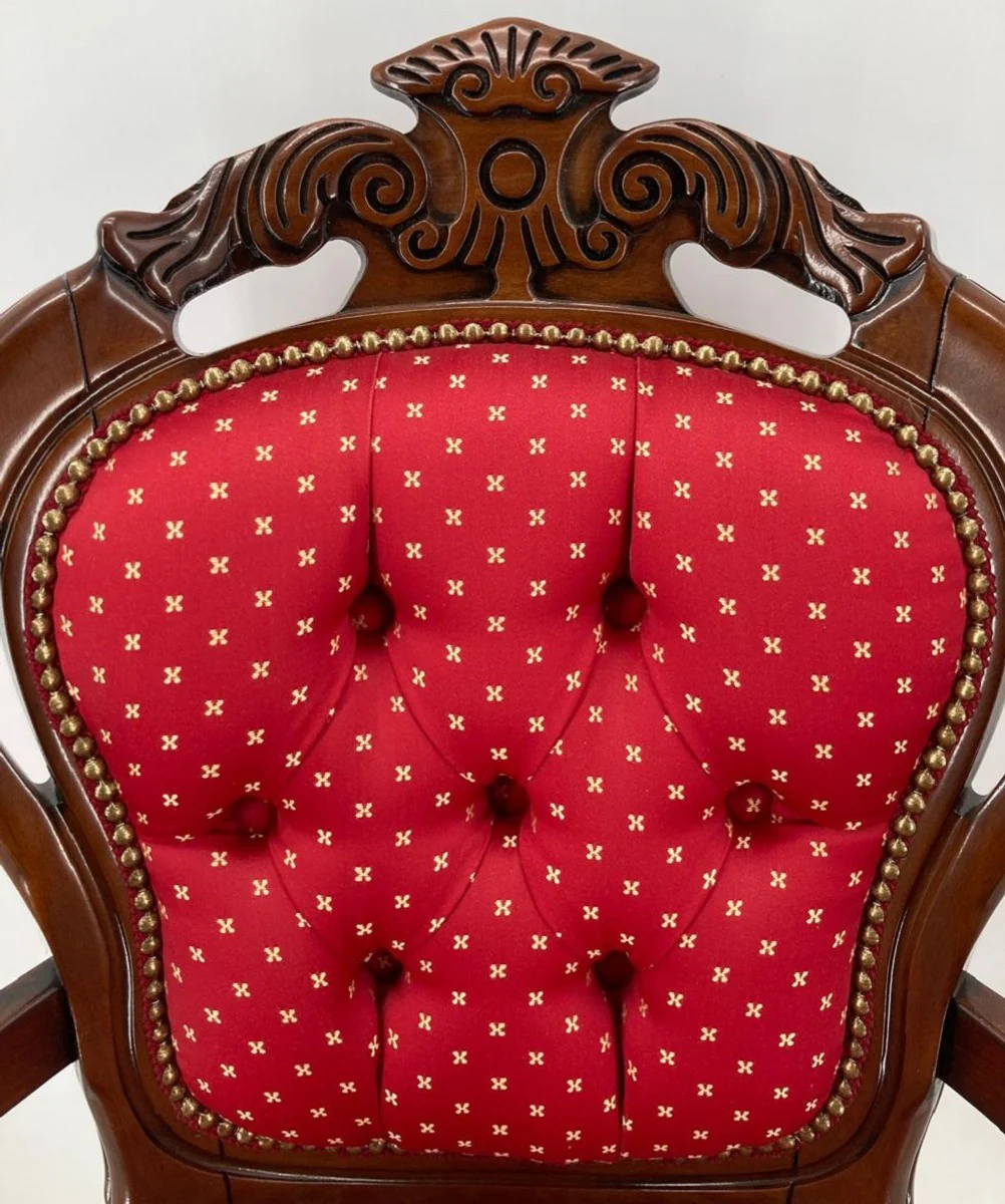 Luxus Barock Esszimmerstuhl mit Armlehnen Bordeauxrot / Gold / Braun - Prunkvoller Stuhl mit elegantem Muster - Barock Esszimmer Möbel - Luxus Qualität - Made in Italy