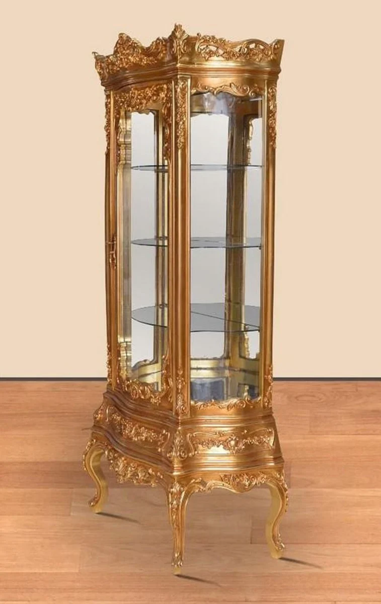 Barock Vitrine Gold - Prunkvoller Barock Vitrinenschrank mit Schublade - Handgefertigte Barock Wohnzimmer Möbel
