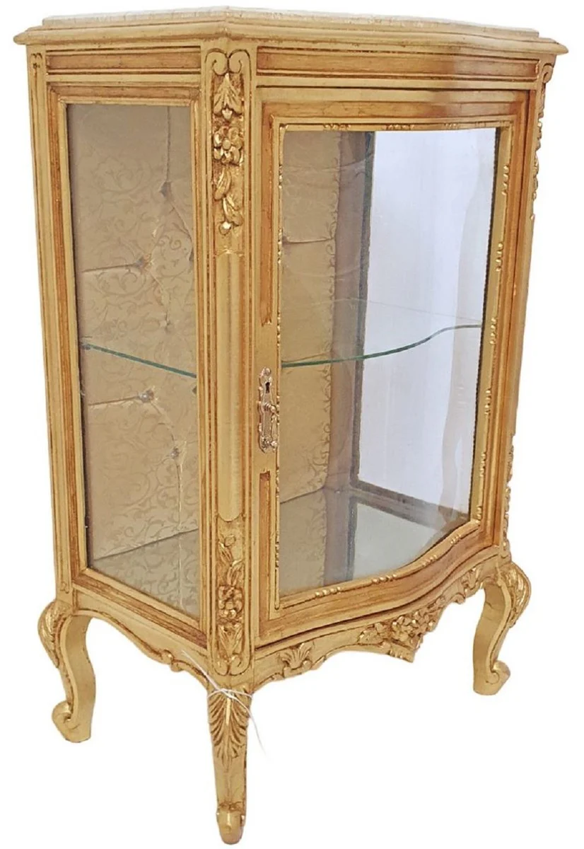 Barock Vitrine Gold / Creme - Handgefertigter Massivholz Vitrinenschrank mit Glitzersteinen und Marmorplatte - Wohnzimmer Möbel im Barockstil - Barock Möbel