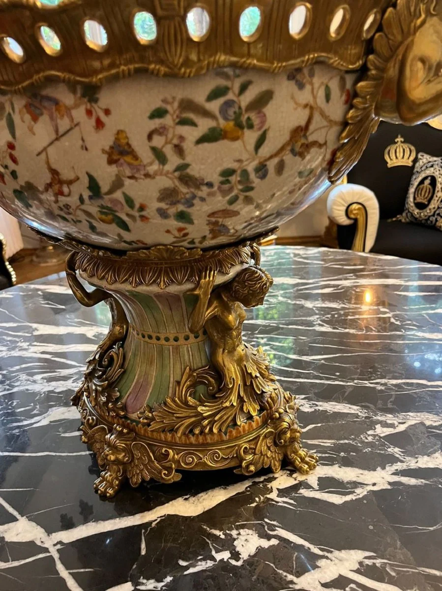 Jugendstil Porzellan Schüssel Mehrfarbig / Messing 63 x 38 x H. 41 cm - Prunkvolle Porzellan Schale - Barock & Jugendstil Deko Accessoires