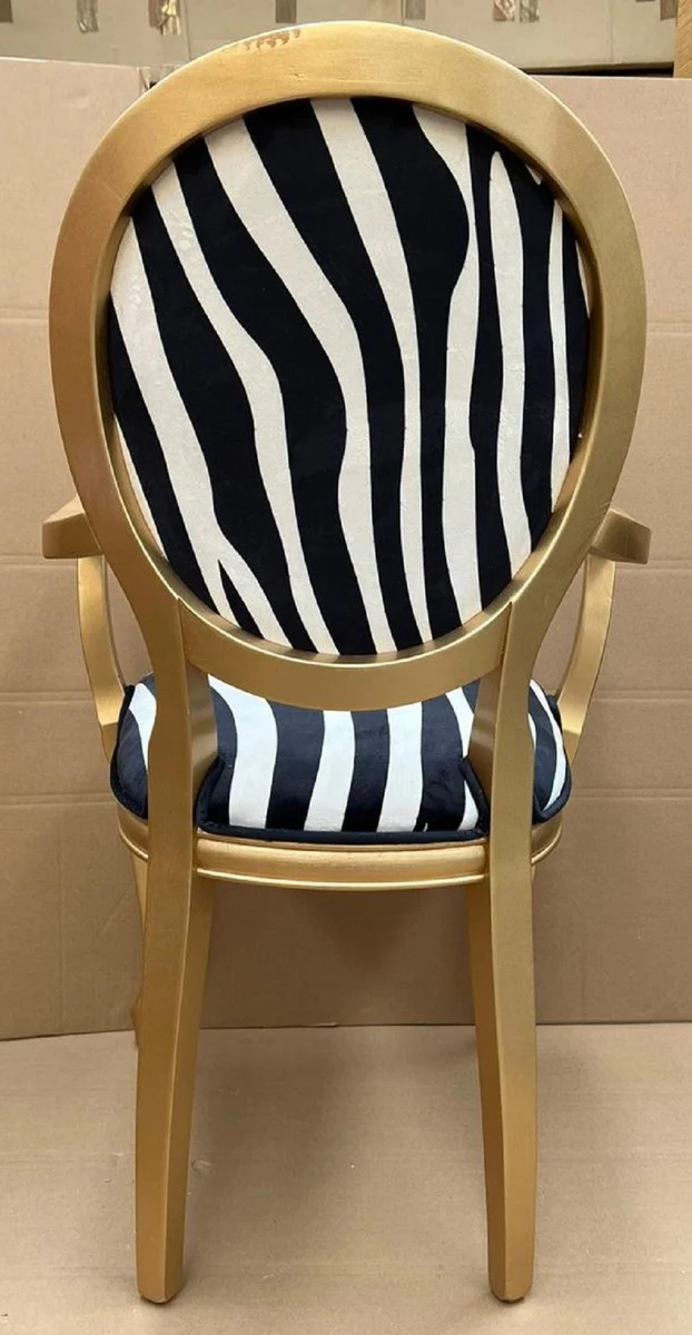 Luxus Barock Esszimmer Stuhl Zebra / Gold - Handgefertigter Barockstil Stuhl mit Armlehnen und edlem Samtstoff - Esszimmer Möbel im Barockstil