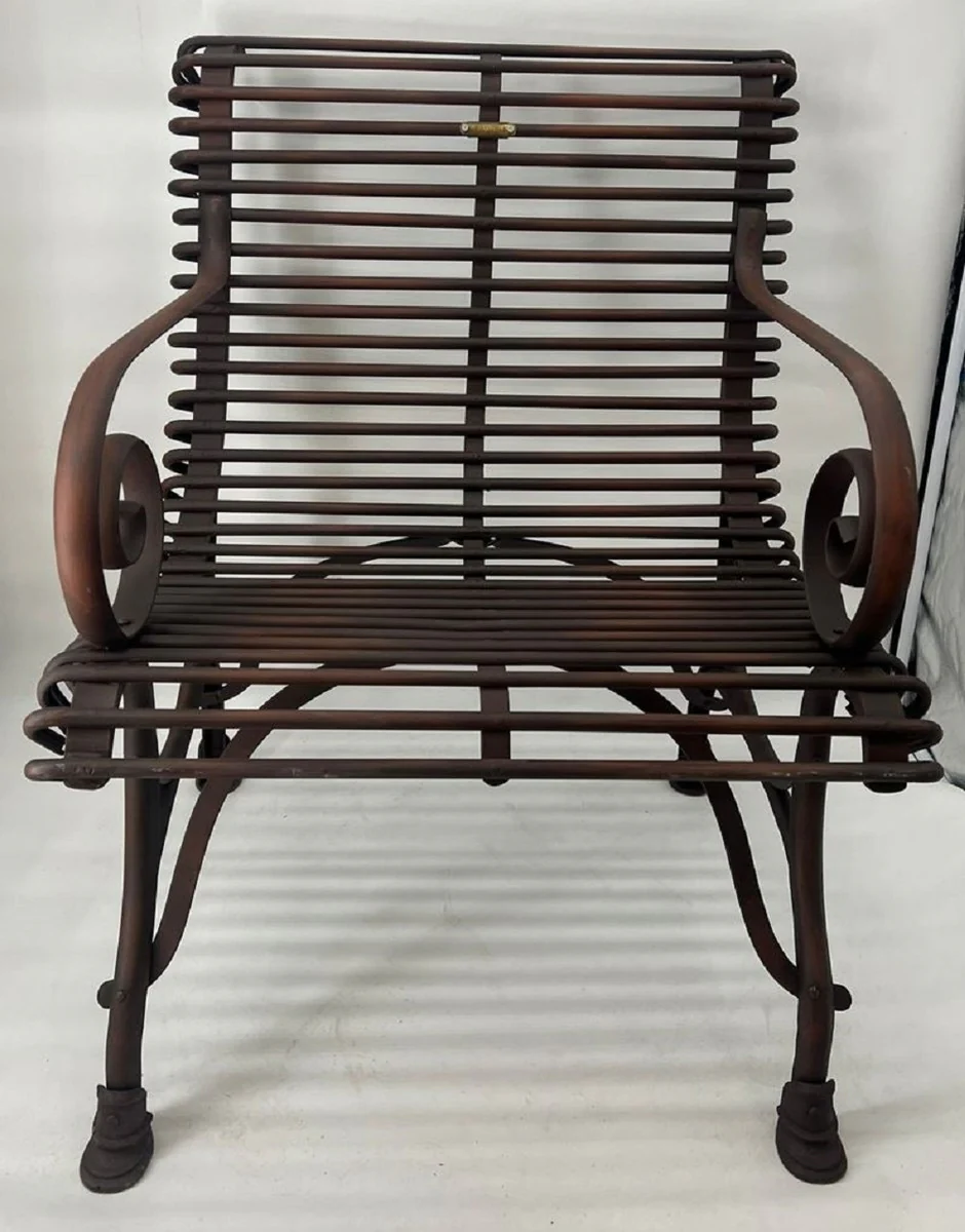 Jugendstil Garten Stuhl Braun 64 x 62 x H. 71 cm - Schmiedeeisen Stuhl mit Armlehnen - Nostalgische Schmiedeeisen Garten Möbel