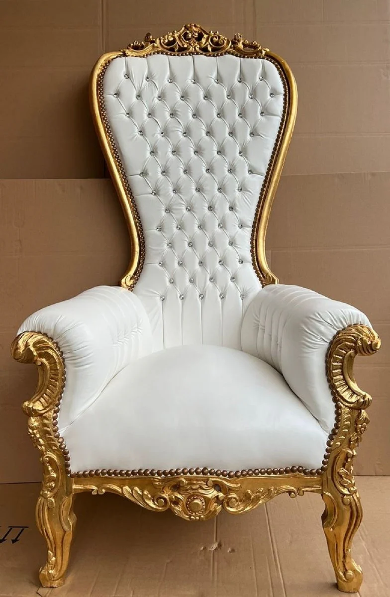 Barock Thron Sessel mit Kunstleder und Glitzersteinen Weiß / Gold - Prunkvoller Königssessel - Handgefertigter Hochzeitssessel - Barock Riesensessel - Barock Möbel