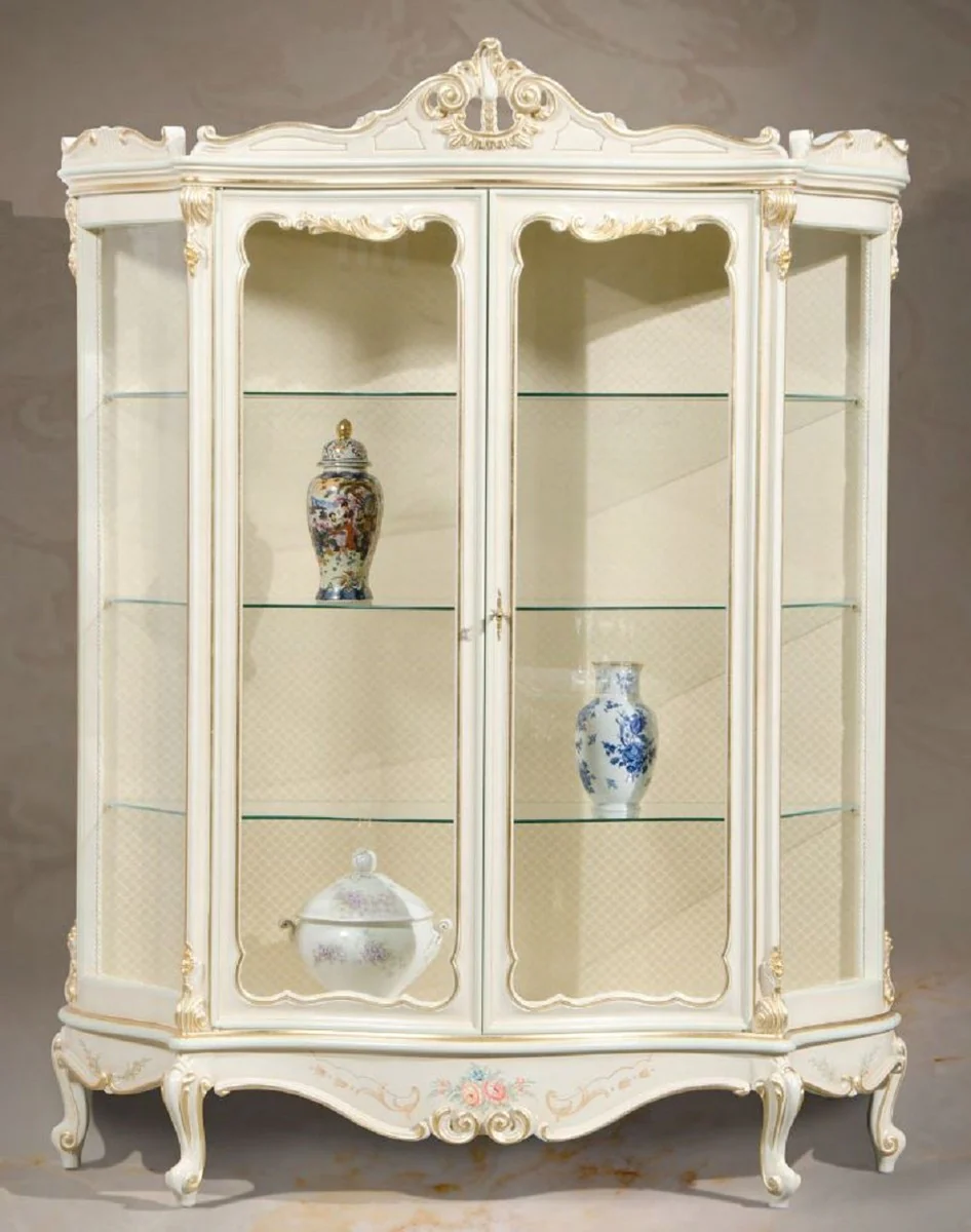 Luxus Barock Vitrine Weiß / Cremefarben / Mehrfarbig / Gold - Handgefertigter Vitrinenschrank mit 2 Türen - Prunkvolle Barock Möbel - Luxus Qualität - Made in Italy