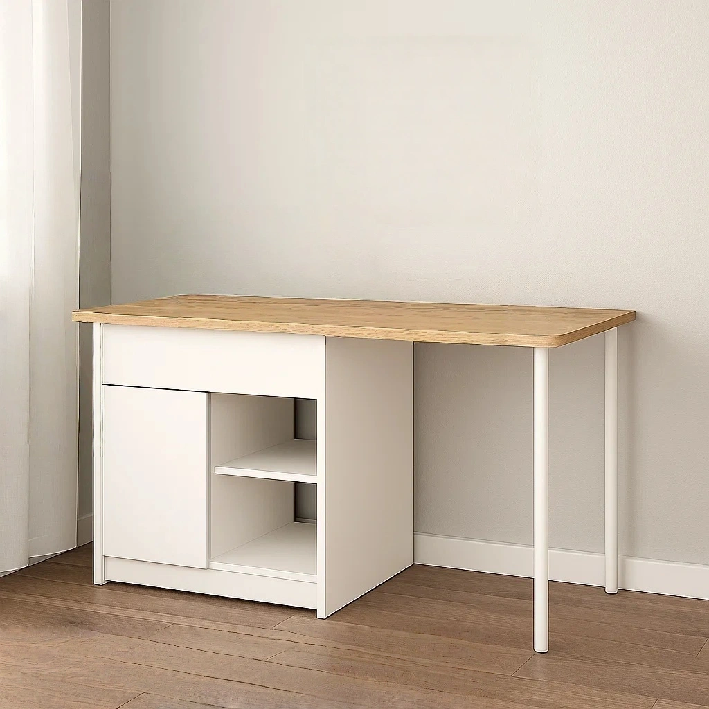 Rechteckige Kücheninsel mit Schublade, offenen Regalen und Tür, weiß und naturfarbenes Holz, freistehend, 140 x 80 x 90 cm, für die Küche. - 1Bw4emAliWax