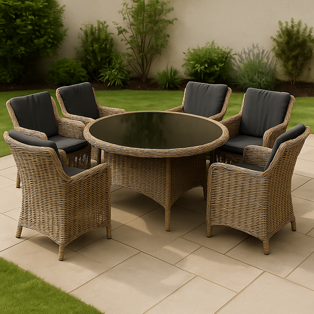 Gartenmöbel-Set aus Rattan, 1 Tisch und 6 Stühle, beige iSwSIWT430Zx