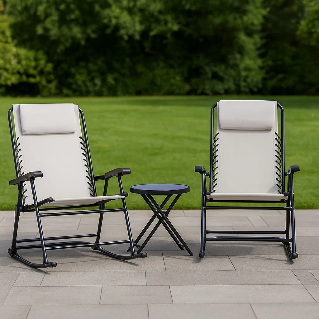 Garten-Schaukelstuhlset, 3-teiliges Set mit 2 Schaukelstühlen und Beistelltisch, schwarz, Stahl und Stoff, Garten