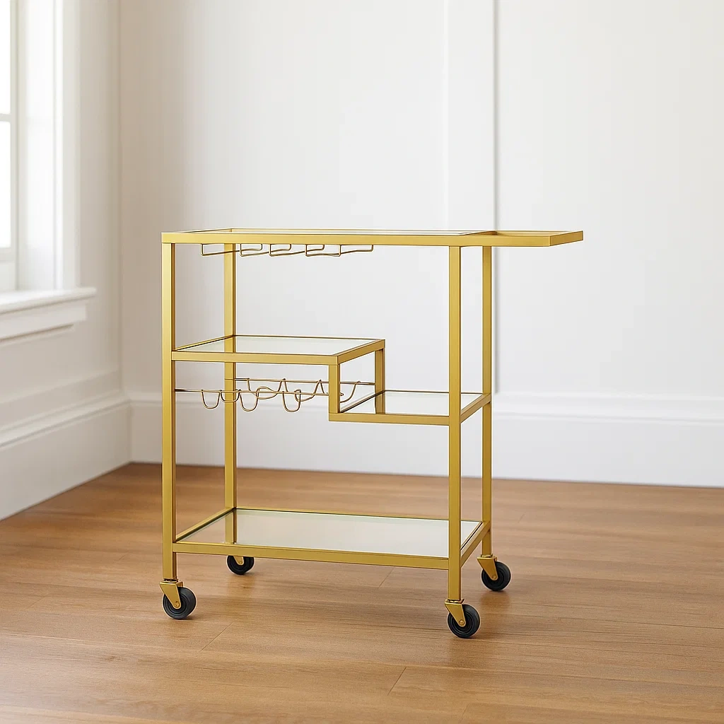 Servierwagen, goldfarben, Metall und Glas, für das Esszimmer, 102 x 41 x 94 cm