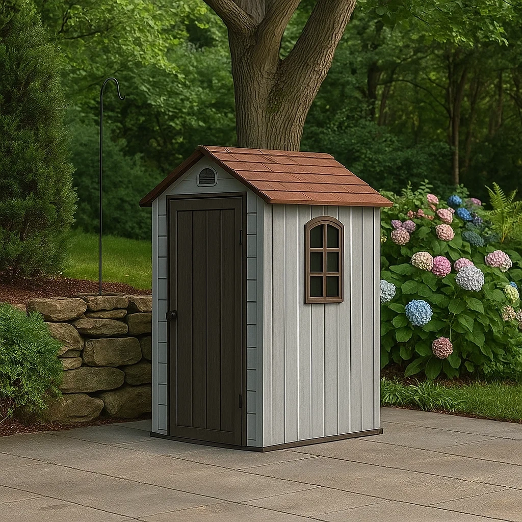 Gartenhaus aus Kunstharz, mit Satteldach und Fenster, grau und braun, 120 x 120 x 200 cm - vvLnyahgT5x3