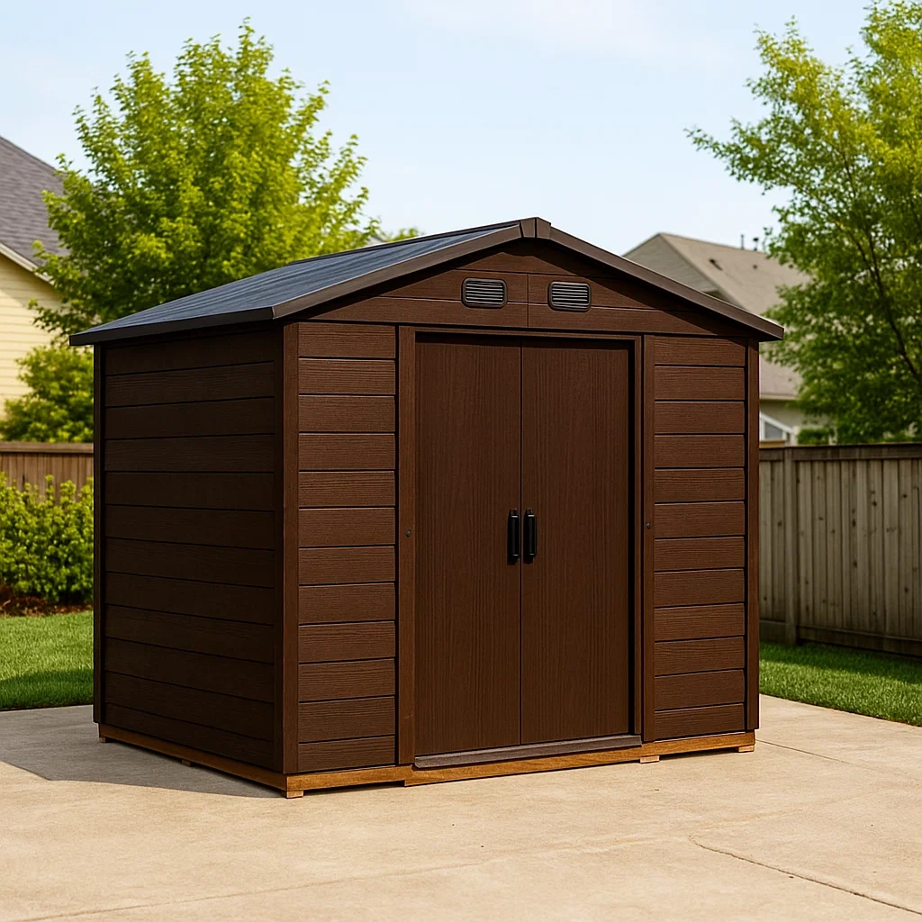 Gartenhaus, rechteckig, aus Kunstharz, braun, mit Satteldach, zur Aufstellung auf ebenen Flächen, 200 x 230 x 250 cm, für den Außenbereich - 16ijCl8Bmhfg