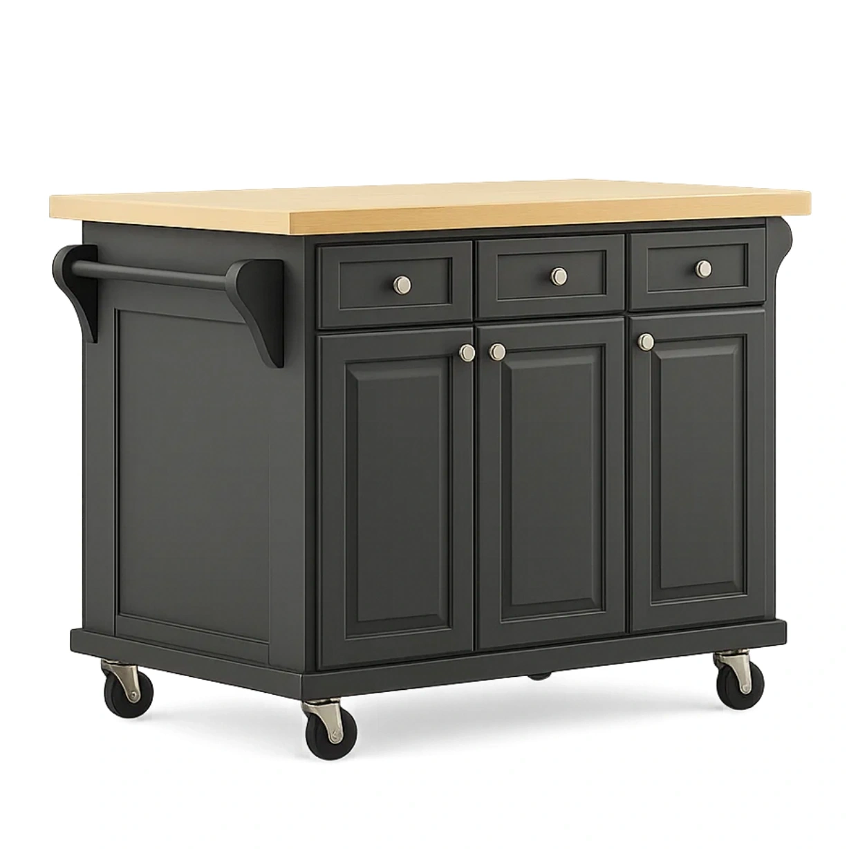 Rechteckige Kücheninsel mit Schubladen und Türen, schwarz-naturfarbenes Holz, mit Rollen, 130 x 70 x 90 cm, für den privaten Gebrauch. - 3MBcGYcStAcE