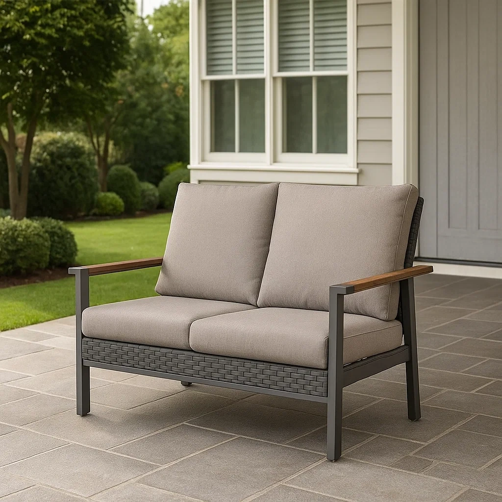 Doppelsitz-Gartensofa, hellgrau, Stahlgestell mit Holzdetails, 134 x 86 x 91 cm