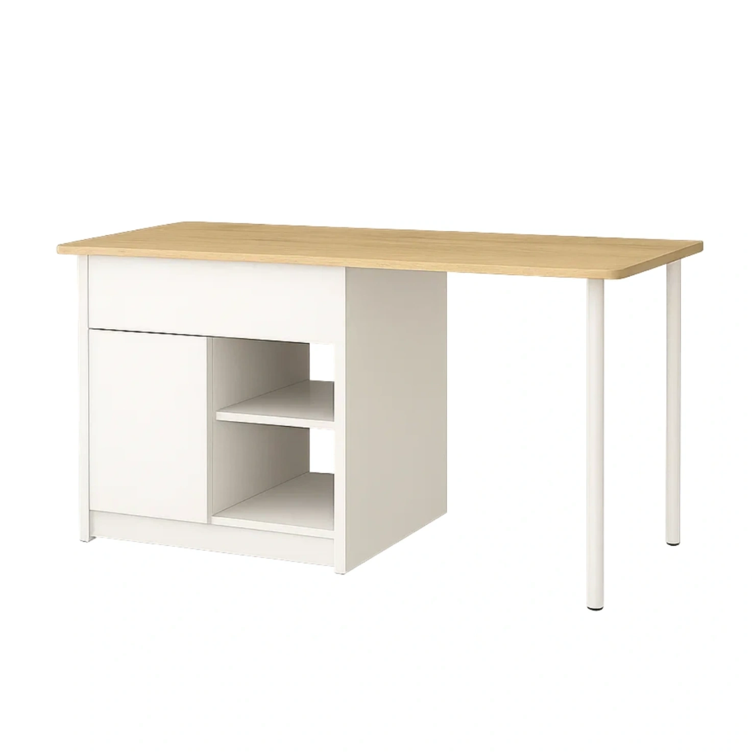 Rechteckige Kücheninsel mit Schublade, offenen Regalen und Tür, weiß und naturfarbenes Holz, freistehend, 140 x 80 x 90 cm, für die Küche. - 1Bw4emAliWax