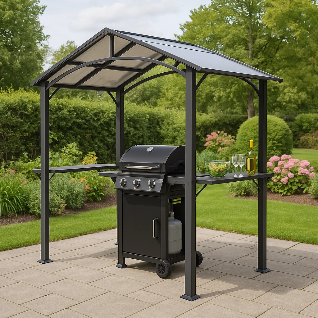 Schwarzer Metall-Grillpavillon für den Außenbereich, 240 x 150 x 230 cm