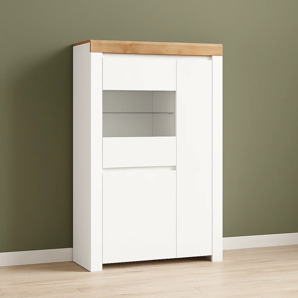 Vitrine für Geschirr – Weiß und Holz – MDF und laminierte Spanplatte – Innenbereich – 98 cm x 42 cm x 156 cm – dYYobcRt2rNe