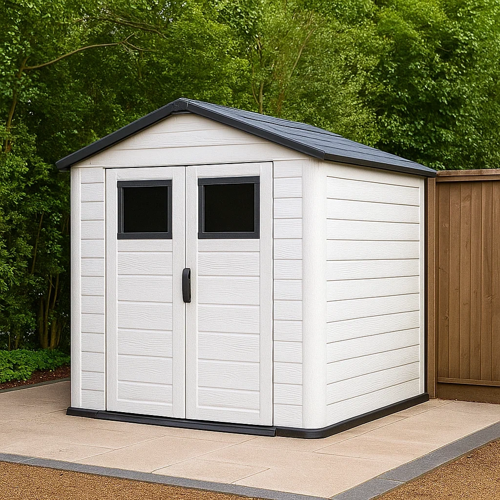 Gartenhaus aus Kunstharz, rechteckig, schwarz-weiß, Satteldach, freistehend, Maße 180 x 170 x 220 cm, zur Aufbewahrung im Garten - CSUlHzXBI2um