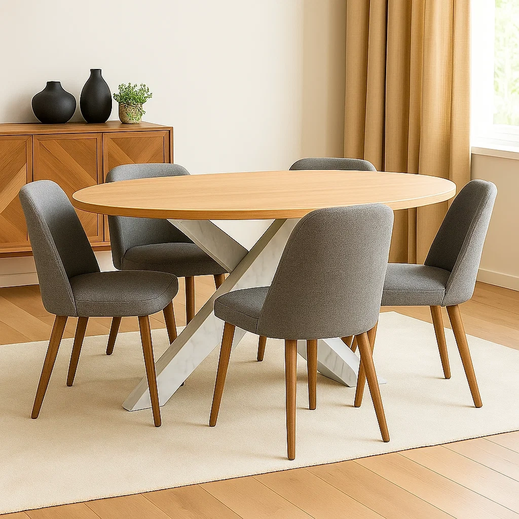 Essgruppe, 4-teilig, Holz und Stoff, beige, oval, mit X-förmigem Gestell, Tischmaße 120 x 80 x 75 cm, Stuhlmaße 50 x 50 x 85 cm, für Esszimmer oder Küche - YoudyRTO6umF