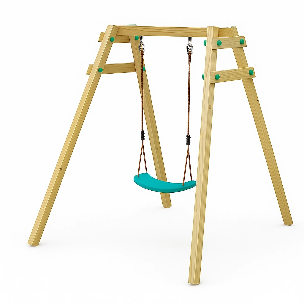 Gartenschaukel mit Naturholzrahmen, blauem Sitz, für den Außenbereich, mit verstellbaren Seilen, 180 x 120 x 200 cm - ILnBLKP189eE