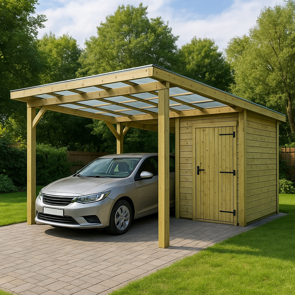 Carport-Pergola mit Gartenhaus, braunes Kiefernholz, Garten, 649 x 322 x 269 cm