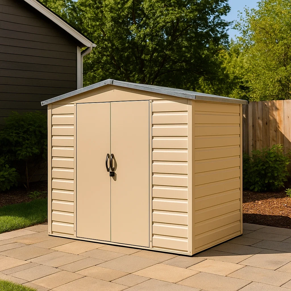 Rechteckiges Gartenhaus, beiges Metall, mit Satteldach, fest installiert, 195 x 175 x 220 cm, für den Außenbereich - XjS5zE0Iw4N7