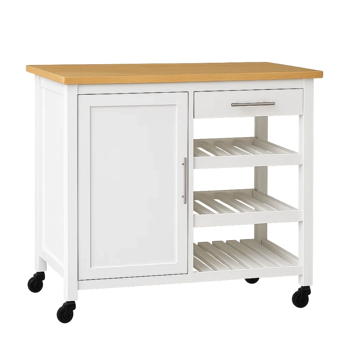 Rechteckige Kücheninsel mit Rollen, aus weißem MDF, mit Holzarbeitsplatte, Schublade, Tür und offenen Regalen. Maße: 100 cm lang, 45 cm breit, 90 cm hoch. Geeignet für private Küchen. – mH7g5EFNczfz