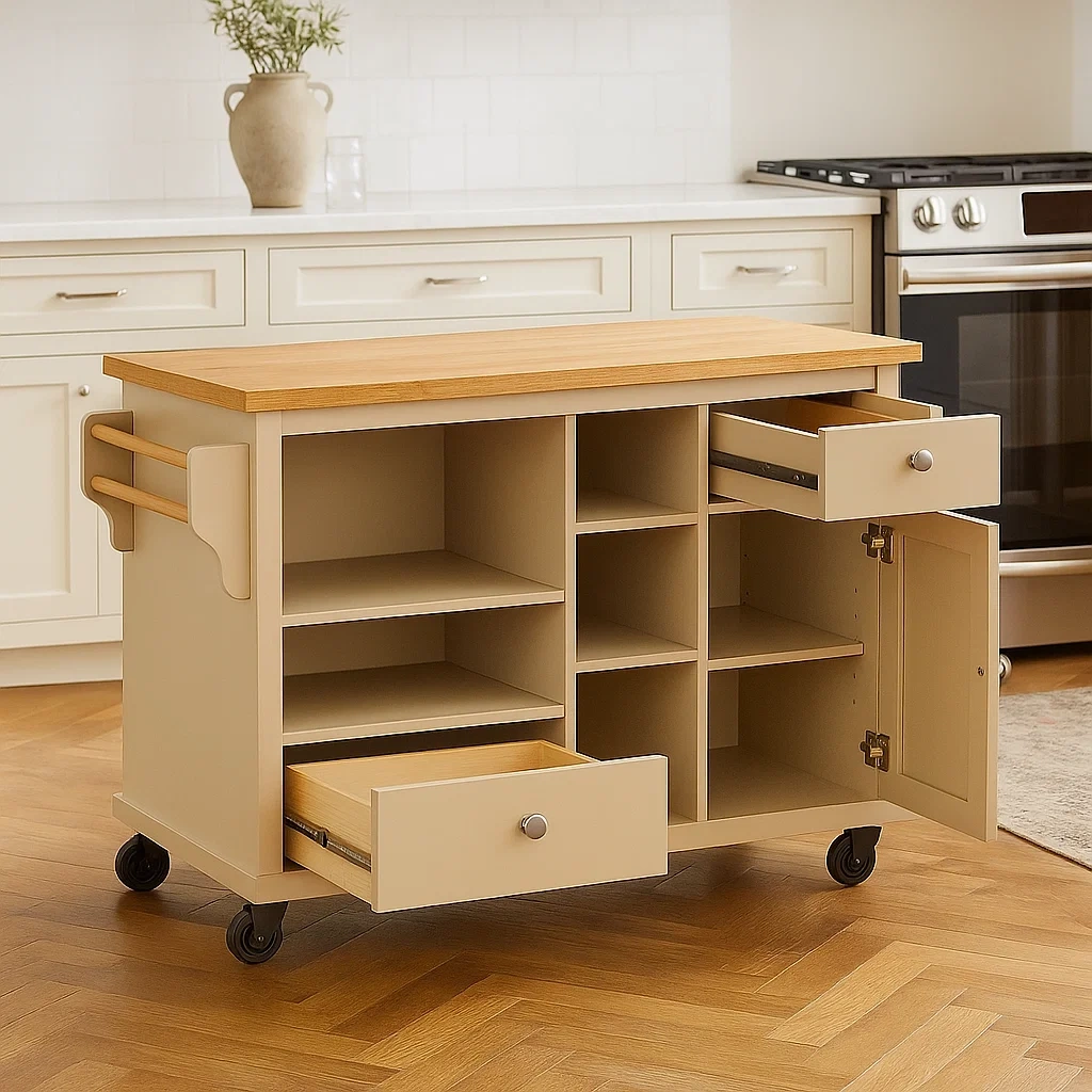 Rechteckige Kücheninsel aus beigefarbenem MDF mit heller Holzarbeitsplatte, mit Rollen, Regalen, Schubladen und Schrank, 115 x 46 x 90 cm, für den Hausgebrauch - oxrFvirr7toA