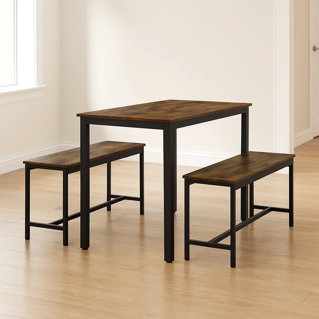 Essgruppe mit Tisch und Stühlen, bestehend aus einem Esstisch und zwei Essbänken, braun, Holz und Stahl, geeignet für Esszimmer