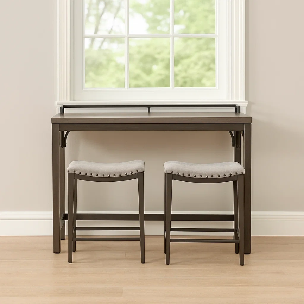 Bartisch- und Barhocker-Set, bestehend aus 1 Tisch und 2 gepolsterten Hockern, hellgrau, Metall und Holz, geeignet für den Innenbereich