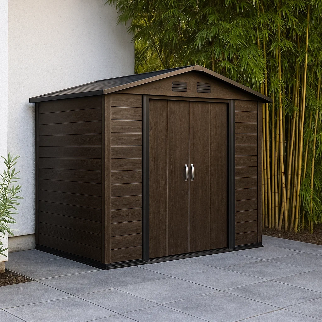 Gartenhaus aus Kunstharz mit Satteldach und 2 Türen, braun und schwarz, 150 x 100 x 180 cm - xaW2e4rIFTrx