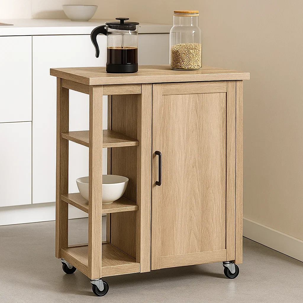 Kücheninsel, Küchenwagen mit Rollen, Naturholz, Türen und Regale, 80 x 40 x 85 cm. - kUK3ihRBc4As