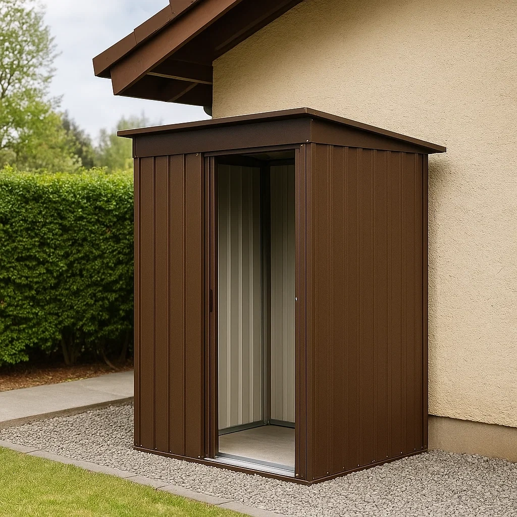 Gartenhaus, rechteckig, Metall, braun, mit Pultdach, angebaut, 120 x 80 x 200 cm, für die Lagerung im Freien - T4VOumsLcKg4