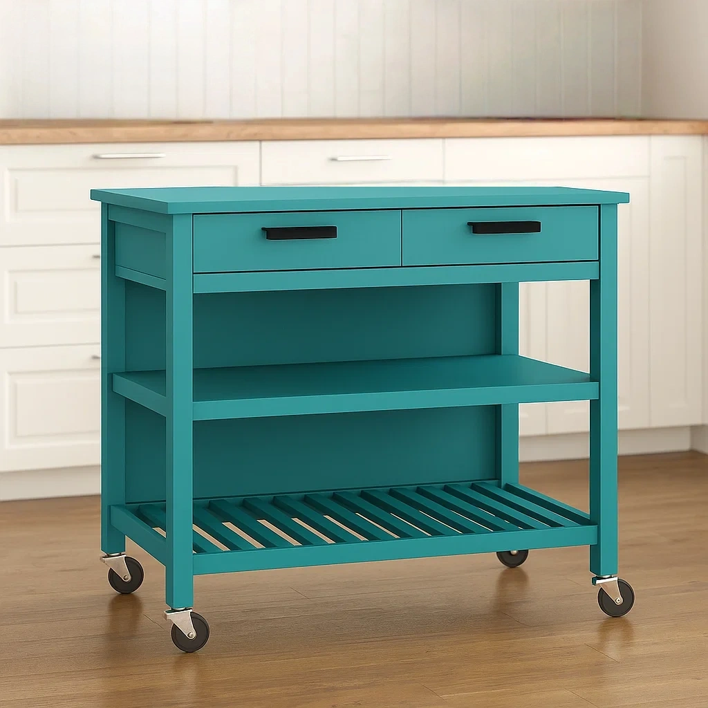 Rechteckige Kücheninsel mit Rollen, aus MDF-Holz, türkisgrün, mit 2 Schubladen und offenen Regalen, Maße: 100 cm lang, 45 cm breit, 90 cm hoch, für die Küche. - p29J91SvgKKy