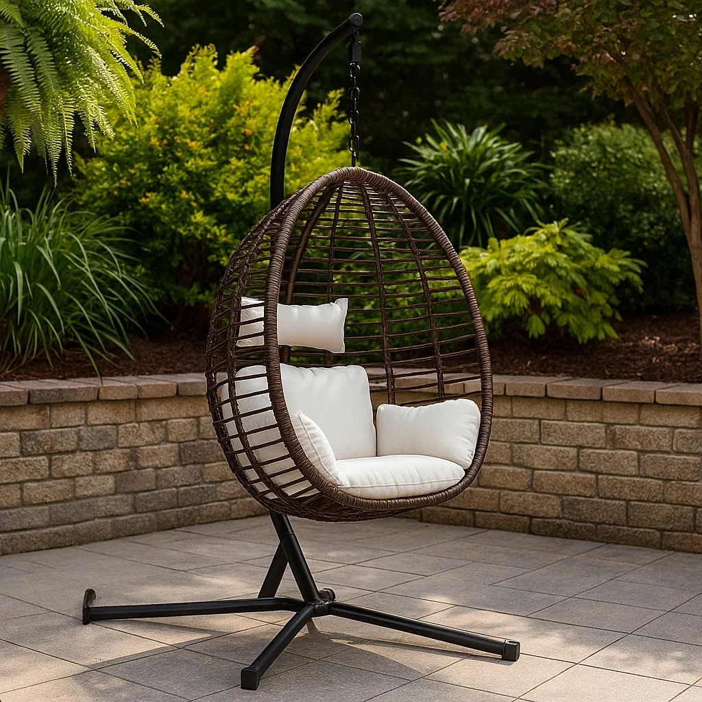 Hängesessel aus Rattan mit Metallgestell, braun, weiße Kissen, für den Außenbereich, 80 x 75 x 195 cm - 7pA0oJHeSvYA