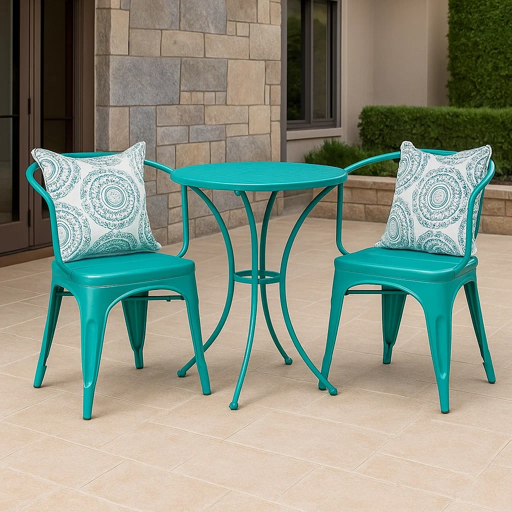 Bistro-Set für den Außenbereich, 3-teiliges Set mit Tisch und Stühlen, türkis, Metall, Terrasse