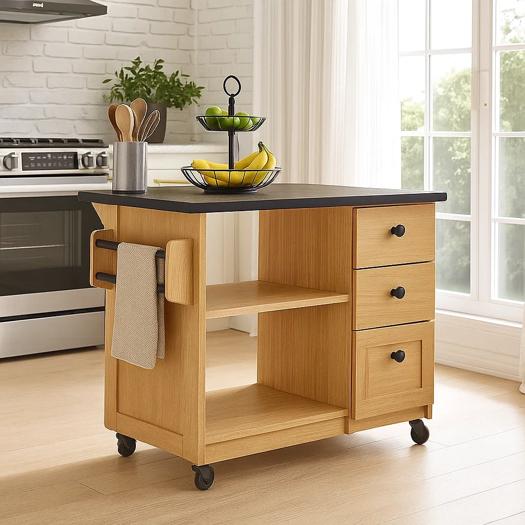 Rechteckige Kücheninsel mit Regalen und Schubladen, Naturholz-Finish, mit Rollen, 120 x 60 x 90 cm, für private Küchen. - zydIcYLoR87O