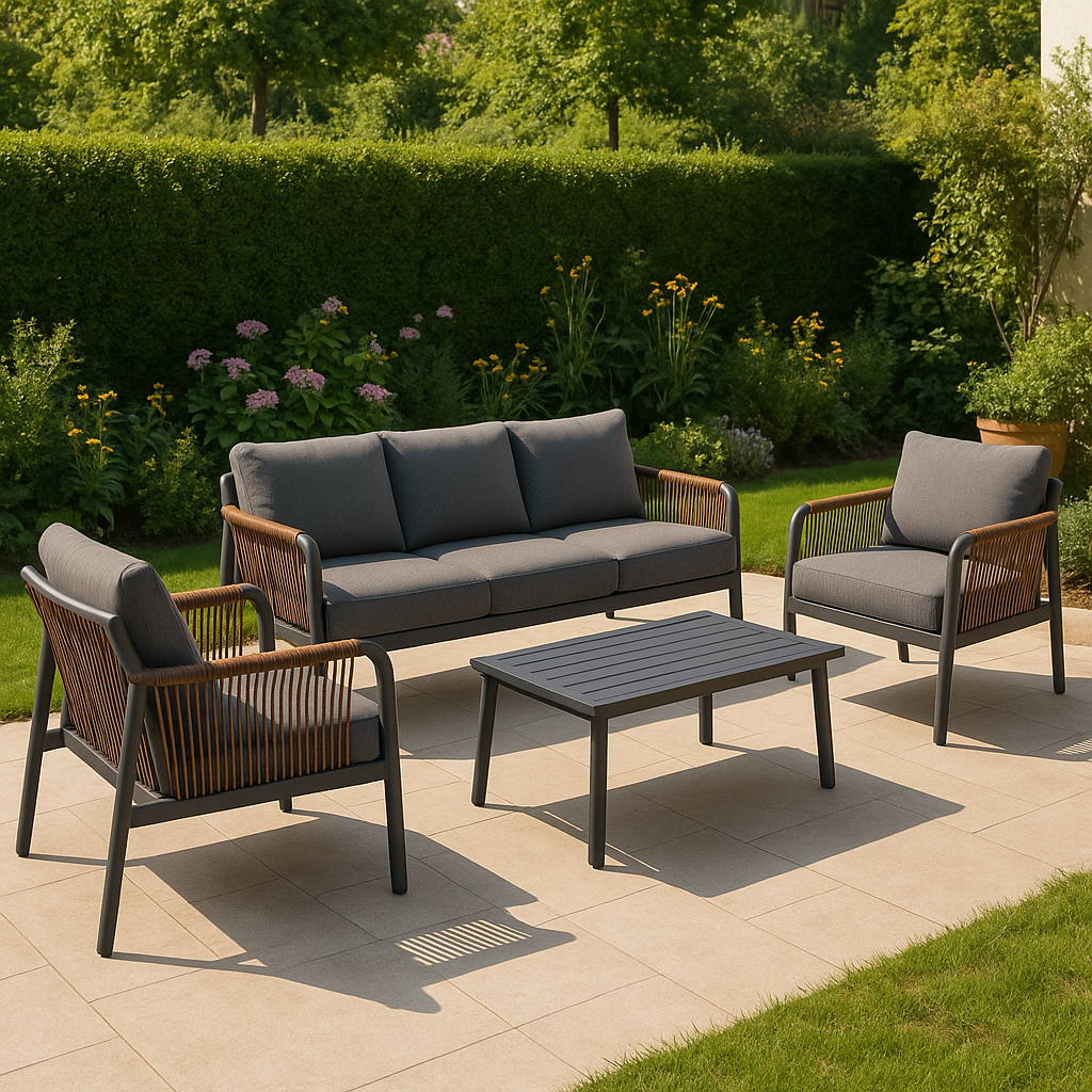 Gartenmöbelset aus stahlgrauem Rattan für den Außenbereich, Terrasse, 5 Sitze
