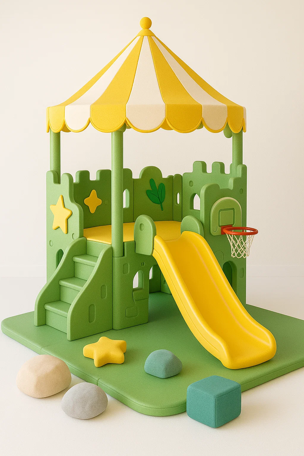 3-in-1-Spielplatz – mit Rutsche, Leiter und Basketballkorb in Form einer Burg mit Überdachung – Kunststoff – grün und gelb LXjMLYou66EQ