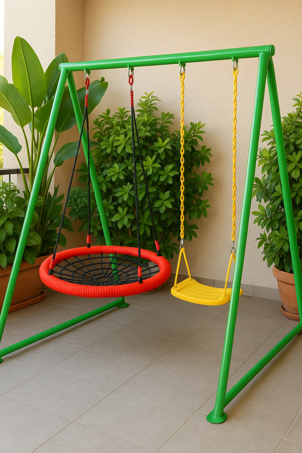 Mehrfarbige Doppelschaukel aus Stahl für Kinder, für den Außenbereich, ca. 215 x 160 x 190 cm DRRVKZDj89Nv