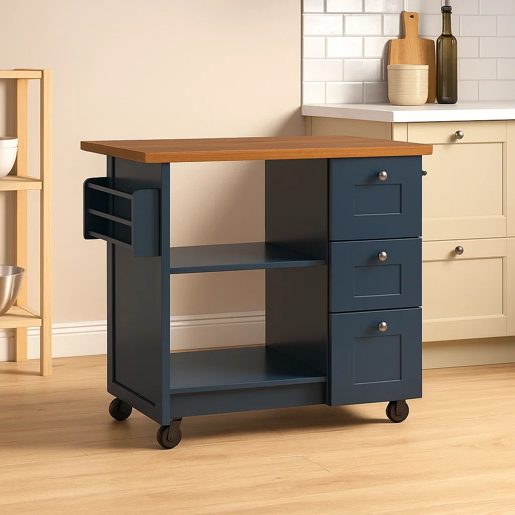 Rechteckige Kücheninsel mit Regalen und Schubladen, blau-naturfarbenes Holz, mit Rollen, 120 x 60 x 90 cm, für die private Küche - km0AjGvoRLSb