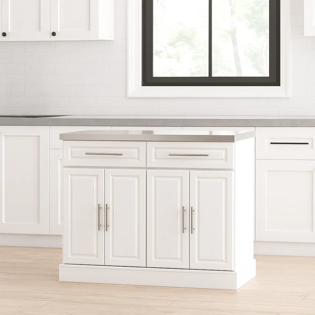 Kücheninsel, weiß, Holz und Stahl, geeignet für die Küche, 145 x 45 x 93 cm