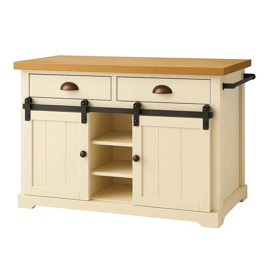 Rechteckige Kücheninsel aus MDF, cremefarben, mit Holzarbeitsplatte, 2 Schubladen, Schiebetüren und mittigen Regalböden, Maße: 110 cm lang, 45 cm breit, 90 cm hoch, für die heimische Küche - pdHLcFwdvYzS