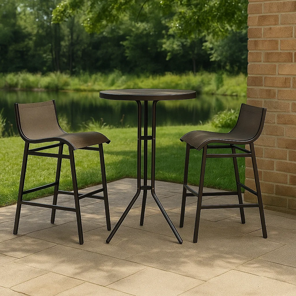 Bistro-Set für den Außenbereich, 3-teilig mit Tisch und Barhockern, schwarz, Stahl, Terrasse