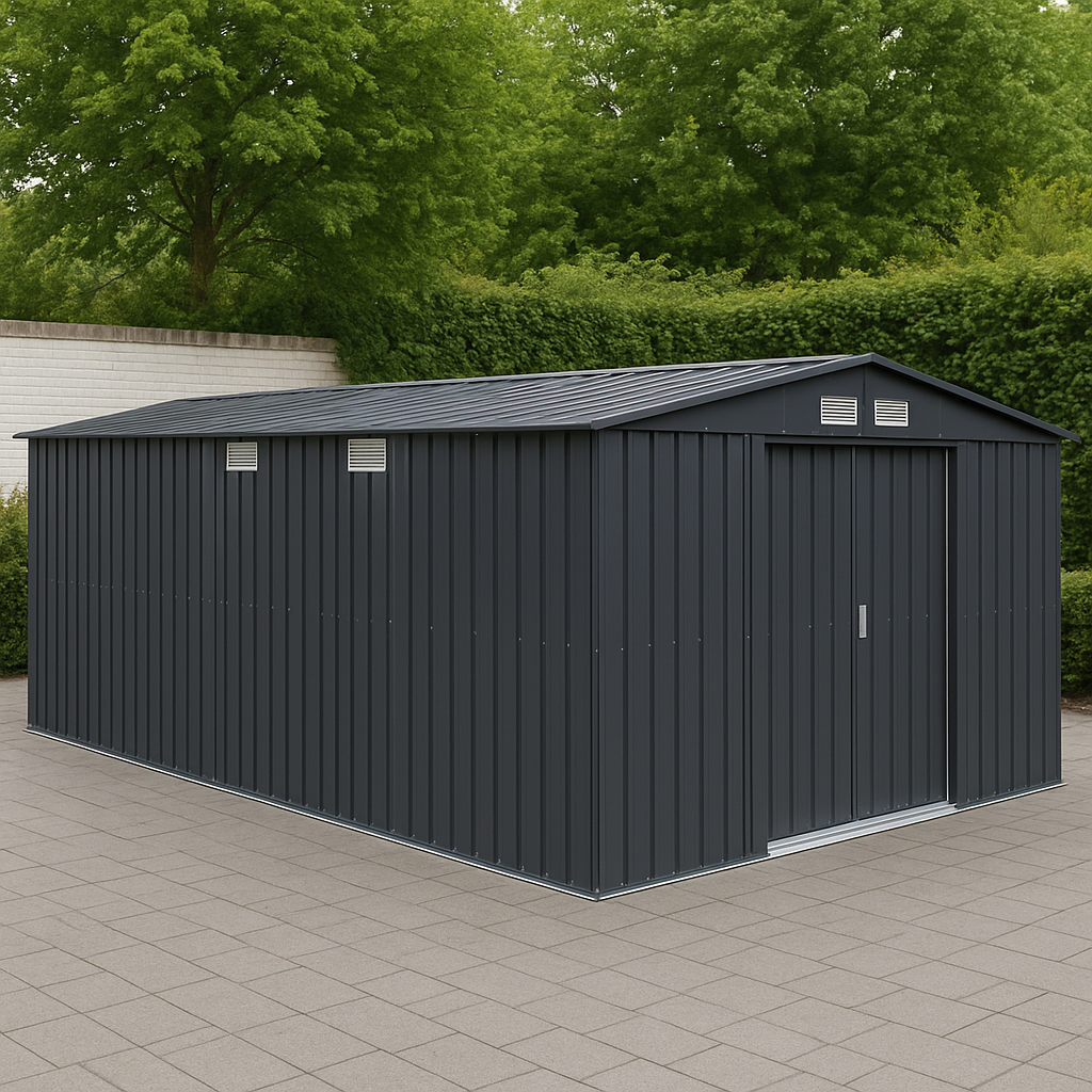 Gartenhaus aus anthrazitgrauem Metall, Außenmaterial Stahl, 800 x 300 x 270 cm