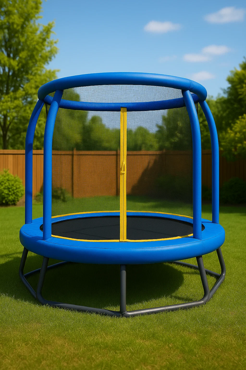 Rundes Kindertrampolin, blau-gelb, PVC, Stahl, für den Außenbereich, 200×200×190 cm, BvvWKRL119xl
