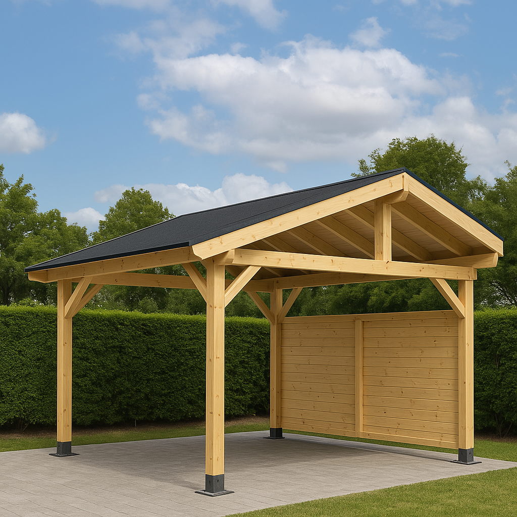 Carport mit doppelt geneigter Naturholzkonstruktion für den Garten, 6 x 4 x 3,4 m