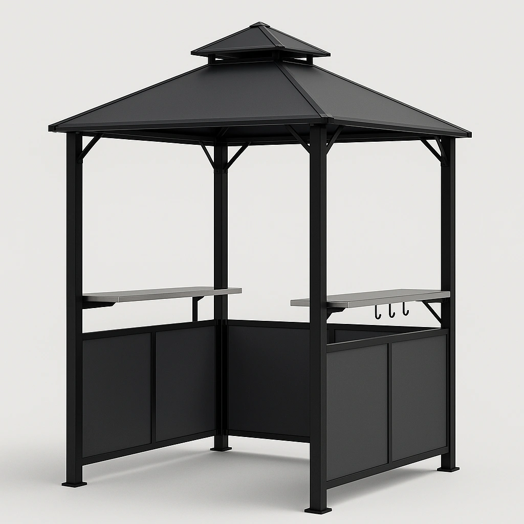 Schwarzer Metall-Grillpavillon für Terrasse oder Garten, 240 cm x 150 cm x 260 cm