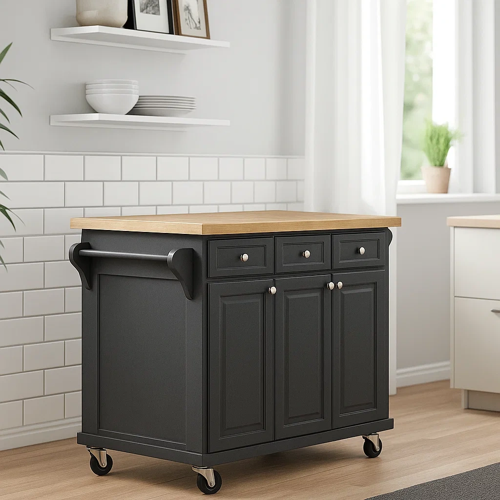 Rechteckige Kücheninsel mit Schubladen und Türen, schwarz-naturfarbenes Holz, mit Rollen, 130 x 70 x 90 cm, für den privaten Gebrauch. - 3MBcGYcStAcE